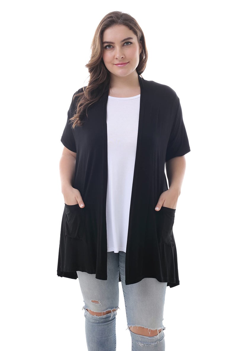 ZERDOCEAN Women's Plus Size Short Sleeve Lightweight Soft Printed Drape Cardigan with Pockets Black 3X - Image 2